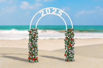 Poster - Welcome to 2025 New Year Concept. Beautiful Decor Arc, Gate or Portal with Flowers and 2025 Sign on an Ocean Deserted Coast. 3d Rendering