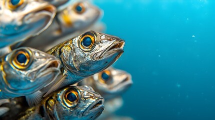 Poster - Underwater shot of a dense school of shimmering silvery horse mackerel or scad fish in a staggered aligned formation swimming together in the open ocean