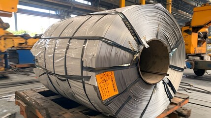 Poster - Unraveling coil of shiny stainless steel sheet material ready for industrial manufacturing and processing in a factory or workshop setting