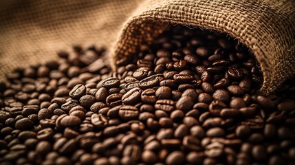 Poster - Rustic Burlap Sack Overflowing with Roasted Coffee Beans : Generative AI