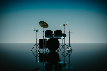 Poster - Black Drums Set with Cymbals, a Bass Drum, two Toms and a Snare Drum Reflected on a Shiny Dark Blue Surface. 3d Rendering