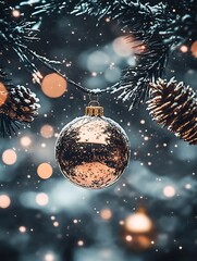 Aufkleber - Elegant Christmas Ornament with Snow Highlights on Pine Tree Branches : Generative AI