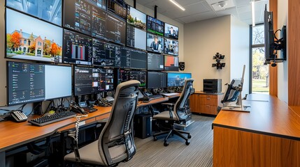 Fototapete - Wall of Multiple TV Screens in a Control Room Environment with Workstations Desks and Electronic Equipment for Monitoring and Surveillance Purposes