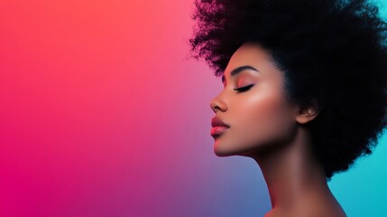 Beautiful black woman posing on vibrant pink and blue neon background