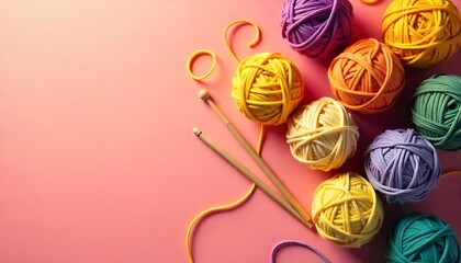 Colorful yarn balls and knitting needles on a pink and orange background, with various colors of yarn including yellow, purple, and green created with generative ai	