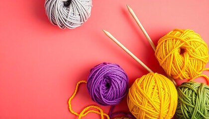 Colorful yarn balls and knitting needles on a pink and orange background, with various colors of yarn including yellow, purple, and green created with generative ai	