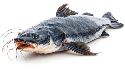 Poster - Whole Catfish with Shiny Smooth Skin Lying on Clean White Background  Seafood Ingredient or Culinary Concept Image