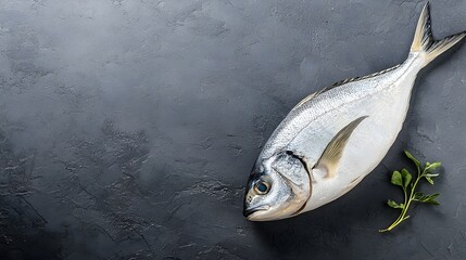 Poster - Whole Pompano Fish Artfully Arranged on a Flat Surface Showcasing its Natural Beauty and Simplicity in a Gourmet Culinary Presentation
