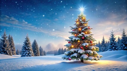 Winter snowy landscape with Christmas tree