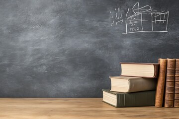 Poster - Vintage Books Against Blackboard with Chalk Drawing Illustration : Generative AI