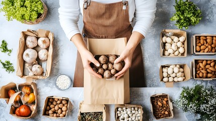 Poster - Top View of Fresh Vegetables and Mushrooms in Brown Paper Bags on a Rustic Kitchen Table : Generative AI