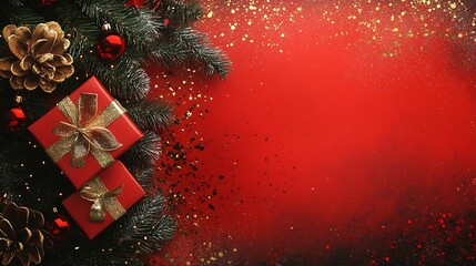 Poster - Red Christmas Gifts with Pine Cones and Glitter on Elegant Festive Background : Generative AI