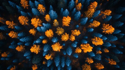 Poster - Aerial View of Vibrant Orange and Blue Evergreen Forest in Autumn : Generative AI