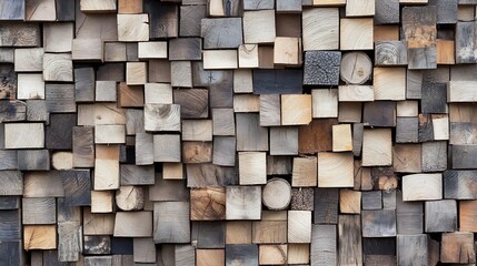 Poster - Artistic Arrangement of Square Wooden Blocks Creating a Mosaic Wall Texture Design : Generative AI