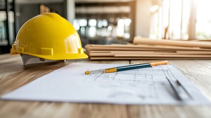 Aufkleber - Engineering Blueprint and Safety Helmet in Modern Industrial Office Environment : Generative AI