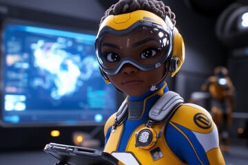 Poster - A 3D-illustrated character taking notes on a digital pad during a futuristic space mission briefing, with holographic screens and intergalactic maps in the background