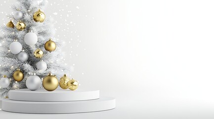 Poster - Elegant White and Gold Christmas Tree Decor on Minimalist Background with Snowflakes : Generative AI