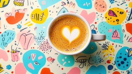 Top view of a white cup of cappuccino with a heart shape design on the foam, on a colorful background.