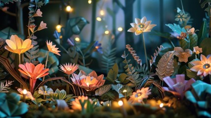 Wall Mural - Paper Flower Garden Illuminated by Fairy Lights