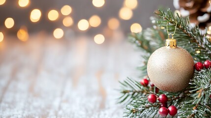 Aufkleber - Golden Christmas Ornament on Pine Branch with Snow and Warm Bokeh Glow : Generative AI