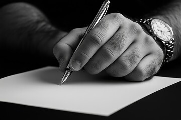 Poster - A minimalist design of a hand holding a pen, poised to take notes on a blank sheet of paper