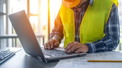 Poster - Construction Engineer Working on Laptop with Blueprints in Modern Office : Generative AI