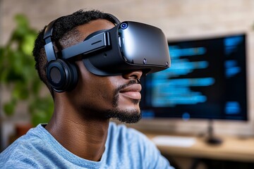 Aufkleber - A person taking up coding in a futuristic workspace, surrounded by holographic screens and data streams