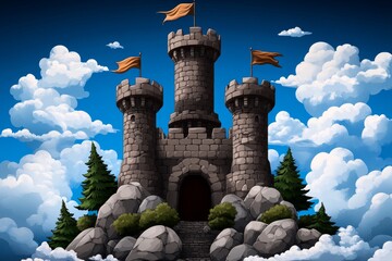 Poster - A pixel art character taking over a retro video game castle, standing at the entrance with pixelated banners waving in the wind