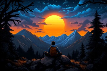 Aufkleber - A pixel art character sitting on a hill, taking time to watch a pixelated sunset, with trees and mountains in the background