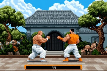 Poster - A pixel art scene of two characters taking turns in a retro-style turn-based video game battle, with health bars and attack menus visible on screen