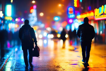 Poster - City Street at Night with Vibrant Neon Lights and Silhouetted Figures : Generative AI