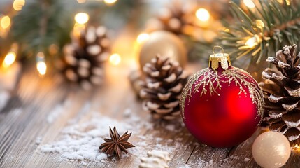 Poster - Rustic Christmas Arrangement with Red Ornaments and Pinecones on Wood : Generative AI