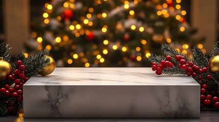 Poster - Elegant Festive Marble Pedestal with Christmas Lights and Ornaments in Holiday Setting : Generative AI