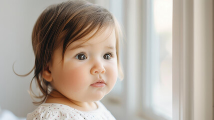 Canvas Print - A sweet portrait of a baby girl gazing out the bedroom window, capturing innocence and wonder in soft, natural light.