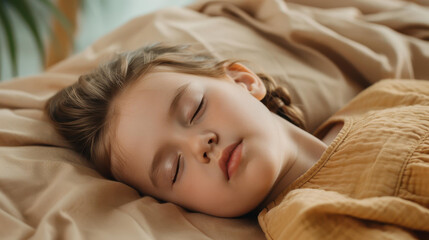 Wall Mural - Adorable yearold girl peacefully sleeping in cozy bed, dreamily smiling with light hair on soft cotton sheets.