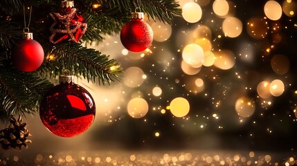 Poster - Red Christmas Ornaments on Tree with Golden Bokeh and Star Accents : Generative AI