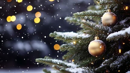 Fototapete - Elegant SnowDusted Christmas Tree with Golden Baubles in Winter Wonderland : Generative AI