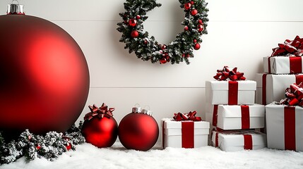 Poster - Festive Red and White Christmas Scene with Wreath Baubles and Gift Boxes : Generative AI