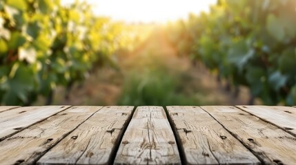 An empty wooden table awaits product display, set against a beautifully blurred vineyard backdrop.