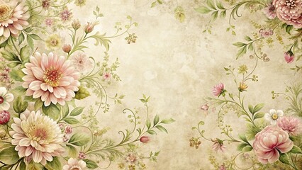  A delicate and intricate flower pattern on a vintage-inspired background, illustration, vintage, painting, ornate