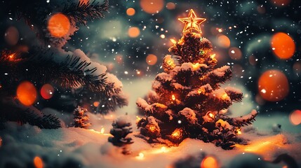 Aufkleber - Snow Covered Christmas Tree with Illumination in Serene Winter Wonderland Night : Generative AI