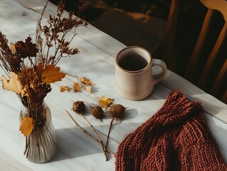 Aufkleber - Cozy Autumn Vibes with Rustic Table Decor Featuring Knit Sweater and Warm Mug : Generative AI