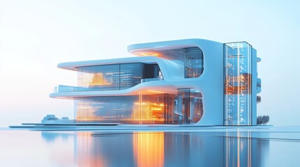 Poster - A cutting-edge, futuristic house with glowing digital systems and sleek design, set against a bright white backdrop, showcasing the future of smart homes