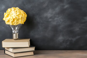 Poster - Innovative Light Bulb with Crumpled Paper Ideas on Books and Blackboard Backdrop : Generative AI
