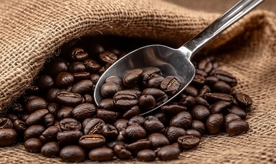 Poster - Natural Burlap Sack Full of Fresh Coffee Beans with Stainless Steel Scoop : Generative AI