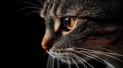Aufkleber - Close Up Portrait of a Tabby Cats Face with Whiskers on Black Background : Generative AI