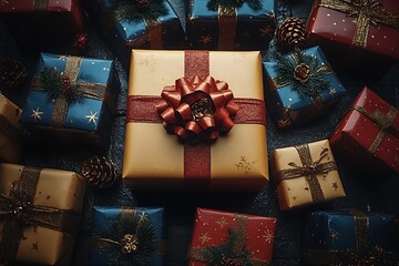 Poster - Elegant Holiday Gifts with Ribbons and Pinecones Festive Christmas Presents Arrangement : Generative AI