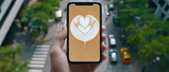 A hand holding a smartphone displaying a heart-shaped latte art against a busy urban backdrop.