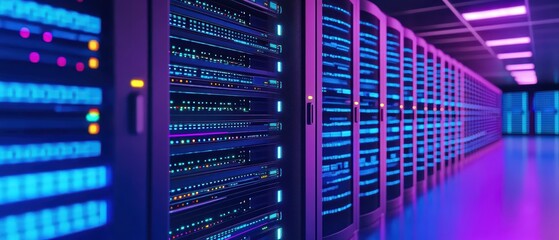 Poster - A modern server room with vibrant lighting, showcasing rows of network servers.