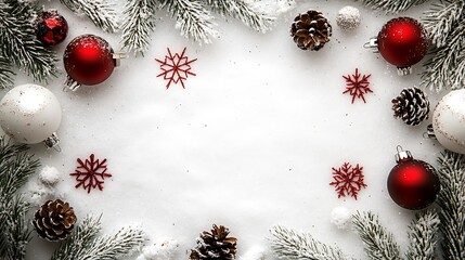 Poster - Elegant White and Red Christmas Ornaments on SnowCovered Background with Pinecone Accents : Generative AI